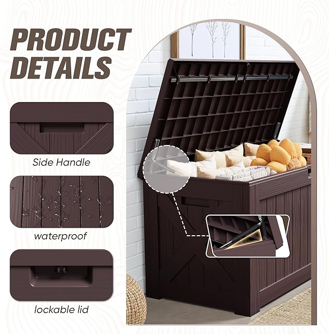 JUMMICO 120 Gallon Resin Deck Box, Large Outdoor Storage Box Waterproof & Lockable for Garden, Patio, Pools (Deep Brown) JUMMICO