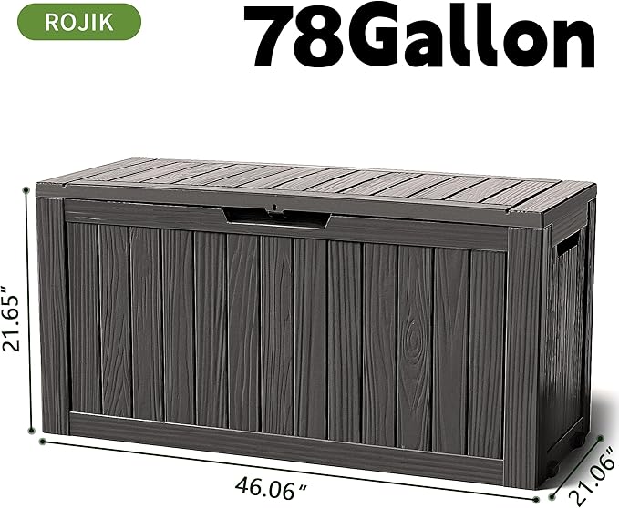 ROJIK Outdoor Storage Housing Deck Box - Waterproof Patio Furniture, Garden Tools, Cushions, Pool Accessories Storage Bench with Lockable Lid and Side Handles (Black 78 Gal) ROJIK