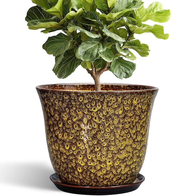 12 Inch Plant Pot - Ceramic Pots for Plants with Drainage Hole and Saucer, Round Planter for Indoor Outdoor, Large Flower Pots, Modern Planter, Patio House Decor, Plant Lovers Gifts, Yellow SUNPOTFOR