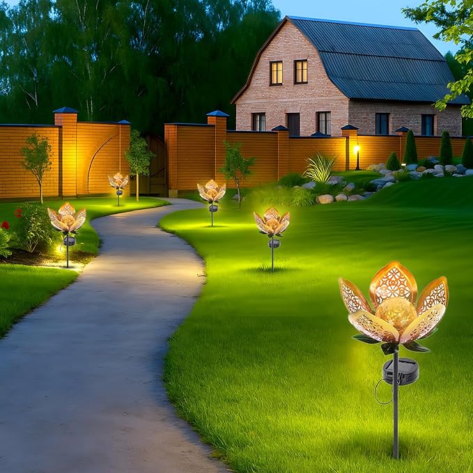 Solar Lights Outdoor Garden Decor,LED Lotus Flower Lamp, Metal Tulip Solar Lawn Lamp for Courtyard Decoration, Garden Gifts for Women YMTengFei