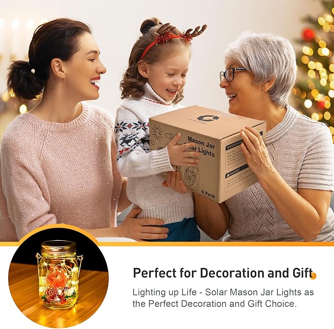 GIGALUMI Hanging Mason Jar Solar Lights, 6 Pack 30 Led Tinplate Lids Hanging Solar Lanterns Outdoor Waterproof, Hangers and Jars Included, Outdoor Decor for Balcony, Garden, Patio, Yard, Wedding GIGALUMI