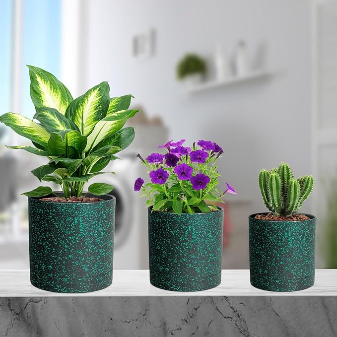 6/5/4 inch Plant Pots, 3 Pack Cylinder Flower Pots for Small Indoor Outdoor Plants, Plastic Planters with Drainage Holes and Saucers for Garden Succulent Plants, Black with Green Speckles Meowell