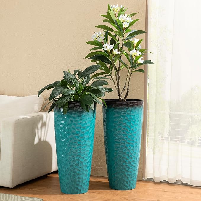 Glitzhome 31" H Oversized Tall Planter, Set of 2 Honeycomb Textured Gradient Turquoise Plastic Tall Outdoor Planters with Drainage Holes, Round Large Flower Pots for Indoor Outdoor Front Door Patio Glitzhome