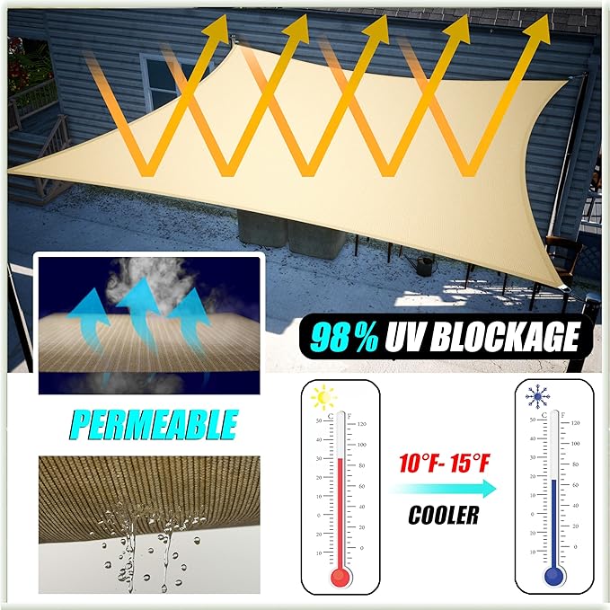 Amgo 14' x 14' x 19.8' Beige Right Triangle Sun Shade Sail UPF50+ Canopy Awning AGSLT, 95% UV Blockage, Water & Air Permeable, 200GSM Heavy Duty Commercial Series(We Make Custom Sizes) Amgo