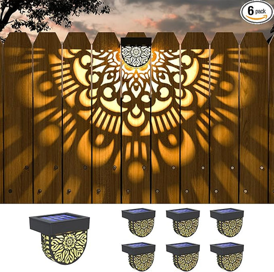 6 Pack Solar Fence Lights Outdoor Wall Lights Black Plastic Solar Powered Deck Step Stair Lights Mandala Theme Waterproof Fence Solar Light for Garden Post Patio Backyard Yard Decor EKQ