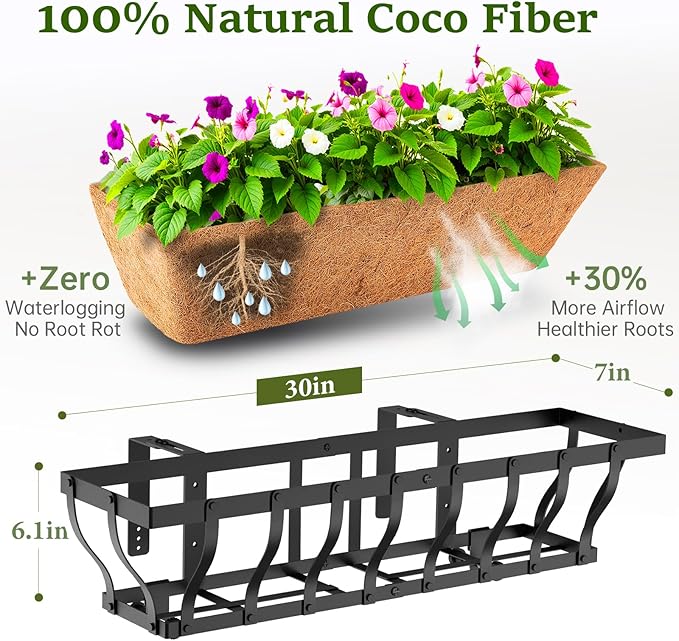 Railing Planter Boxes, Heavy Duty Window Box Planters, Adjustable Balcony Planters for Railing Hanging, with Coco Liner & Support Rod for Deck, Porch, and Patio Gardening (3 Pack, 30 Inch) VOXOR