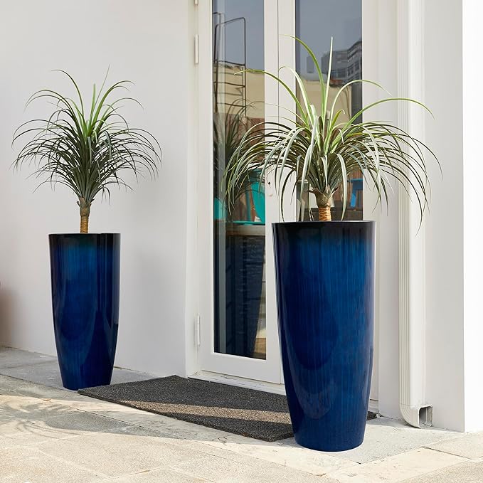 Glitzhome 30" H Tall Planters for Outdoor Plants, Set of 2 Plastic Large Outdoor Planters with Gradient Cobalt Blue Faux Ceramic Finish,Large Flower Pots with Drainage Holes for Front Porch Indoor Glitzhome
