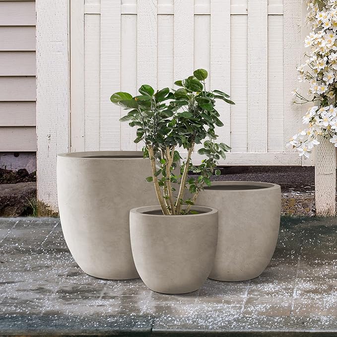 Kante 18",14",10" Dia Concrete Round Planters (Set of 3), Outdoor Indoor Large Planter Pots with Drainage Hole and Rubber Plug for Home Patio Garden, Weathered Concrete Kante