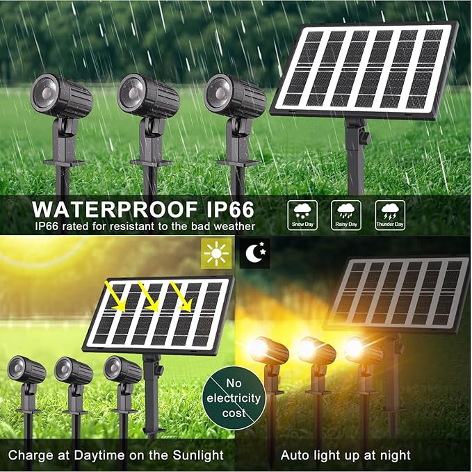 CLY Solar Landscape Spotlights, Solar Lights Outdoor IP66 Waterproof, Remote Control 2 Dynamic Modes 3 Brightness Adjustable 2700-6500K Auto On/Off 11M Cable for Garden Pathway Trees Flag 3 in 1 CLY