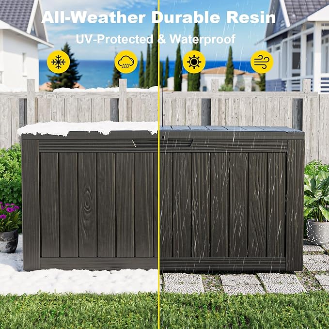 ROJIK Outdoor Storage Box with Wheels – 85 Gallon Mobile Waterproof Resin Deck Box, Lockable Storage for Patio Cushions, Garden Tools, Pool Accessories – UV-Resistant Storage Bench for Backyard & Deck ROJIK