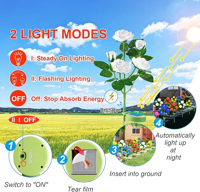 Solar Flower Lights Outdoor - Upgraded New Material Two Modes Realistic LED Solar Powered Waterproof Lights with 5 Roses, Solar Decorative Stake Lights for Garden (White, 1 Pack) LightYourLife