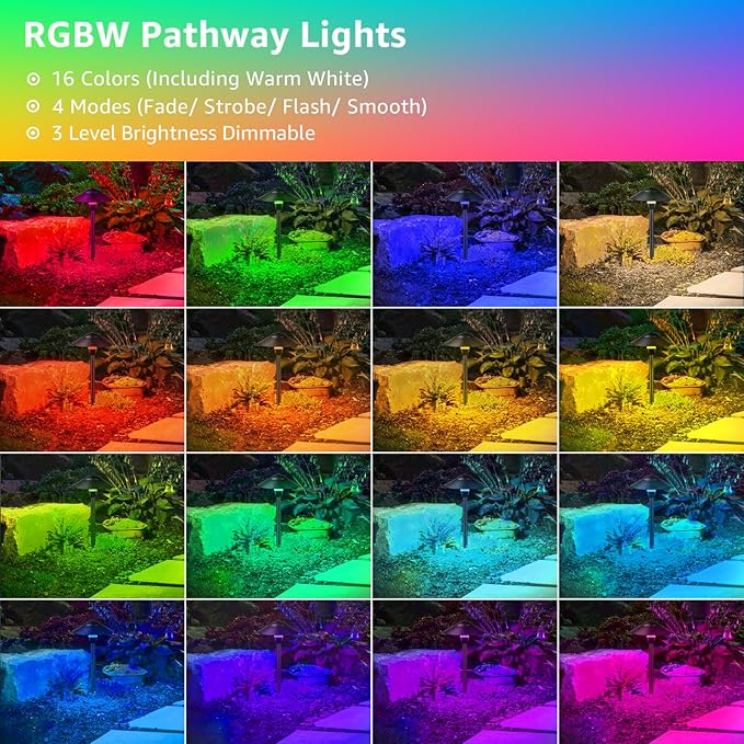 SUNVIE All-in-One RGBW Landscape Lighting Kit, 8 Pack Color Changing Low Voltage Landscape Lights with Connector Transformer 100FT Wire, 3W Multi-Color Pathway Lights for Holiday Walkway Garden Yard SUNVIE