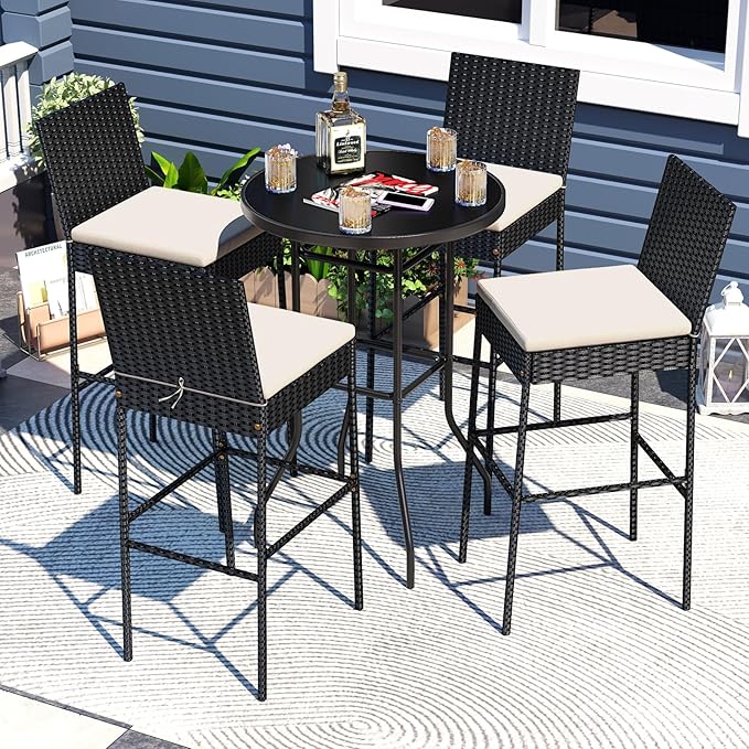 HAPPYGRILL Wicker Patio Barstools Set of 4, Outdoor Rattan Bar Chairs with Footrest & Backrest, Armless High Top Chairs with Seat Cushions for Backyard, Balcony HAPPYGRILL
