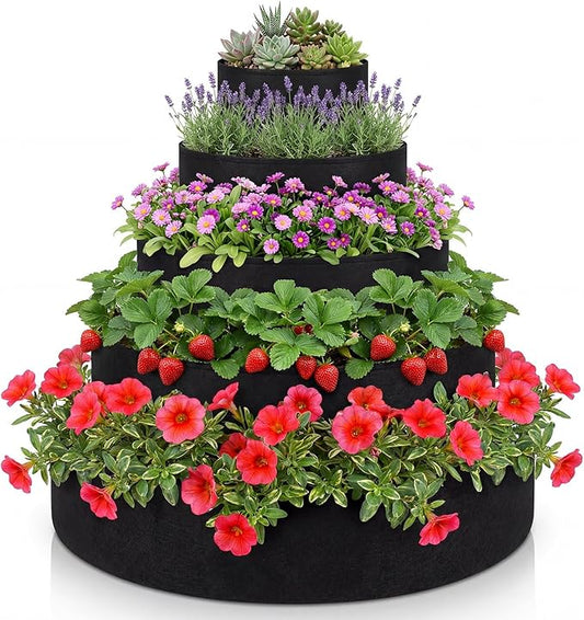 5 Tiered Strawberry Planter for Outdoor Plants, 39 Inch Heavy Duty Strawberry Tower Planter Grow Bags, Breathable Non Woven Fabric Raised Garden Bed for Vegetables Flower Herbs Gardening Rootora