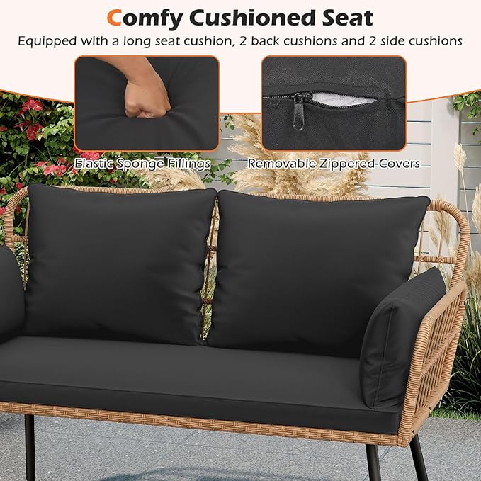 Tangkula Patio Wicker Loveseat, Outdoor Rattan 2-Seat Cushioned Sofa with Heavy Duty Metal Frame, for Backyard,Porch,Poolside (Black) TANGKULA