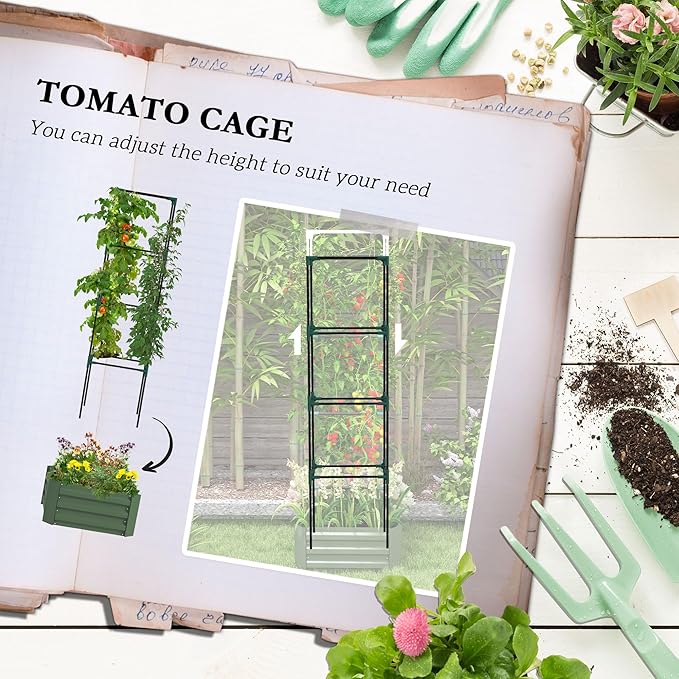 Outsunny Galvanized Raised Garden Bed, 73.5" Tall Outdoor Planter Box with Trellis Tomato Cage and Open Bottom for Climbing Vines, Vegetables, Flowers in Backyard, Garden, Patio, Green Outsunny