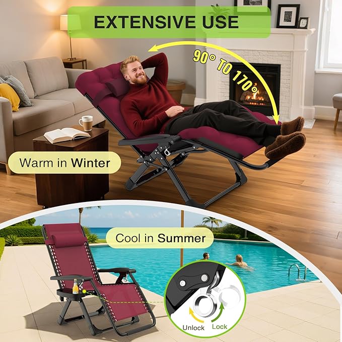 Suteck Zero Gravity Chair, Reclining Camping Lounge Chair w/Removable Cushion, Upgraded Lock and Cup Holder, Reclining Patio Chairs Folding Recliner for Indoor and Outdoor, Claret Suteck