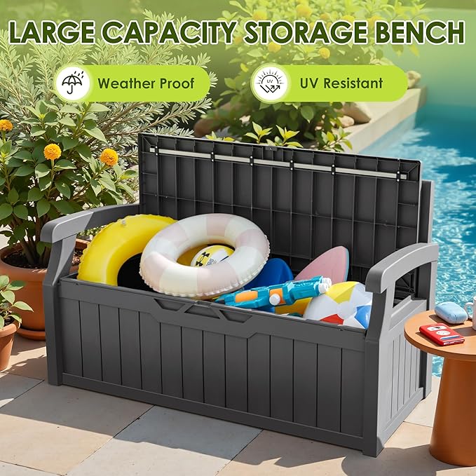 Greesum 80 Gallon Outdoor Storage Bench, Resin Patio Furniture with Armrest,Waterproof and UV-Resistant, Perfect to Garden, Poolside and Lawn, Dark Grey BuynowfromGreesum