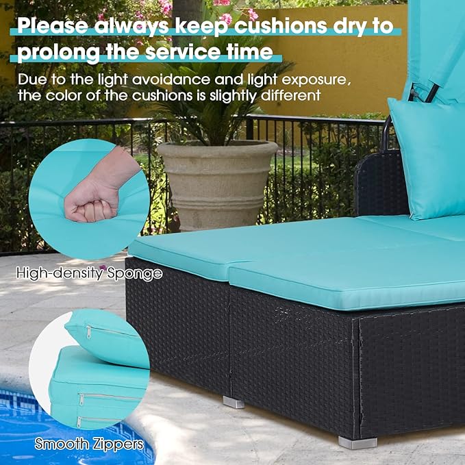 ORALNER Outdoor Daybed, 2-Person Wicker Patio Sofa with Retractable Canopy, Cushions & Pillows, 2 Side Trays, PE Rattan Double Sunbed Lounger for Deck Poolside Backyard Garden Balcony (Turquoise) ORALNER