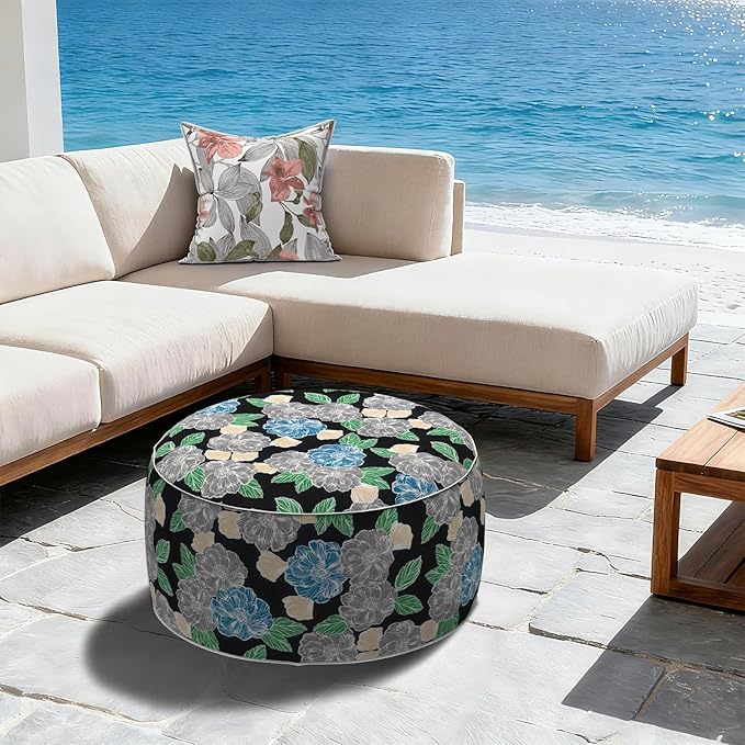 LVTXIII Outdoor Inflatable Ottoman, Fade-Resistant Round Footrest Stool D31”x H14”, Portable Patio Pouf for Garden Camping or Home Use, Peony Garden LVTXIII