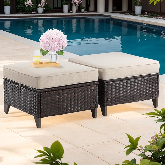 Joyside Patio Ottoman Set of 2, All Weather Outdoor Rattan Ottomans Patio Footstools with Removable Cushions for Garden Backyard Porch (Beige) Joyside