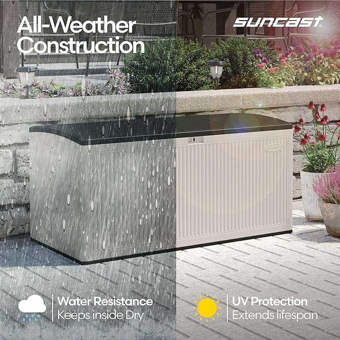 Suncast 160-Gal. Resin Extra-Large Outdoor Patio Deck Box with Pad-Lockable Lid, Modern Reeded Outdoor Patio Bench/Storage Box for Cushions, Garden Tools, and More, Iron Ore/French Gray Suncast