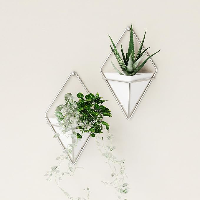 Umbra Trigg Hanging Planter Vase Wall Decor, Set of 2 Pots Containers for Succulents, Cactus, Faux Plants, and More, Small, White/Nickel Umbra