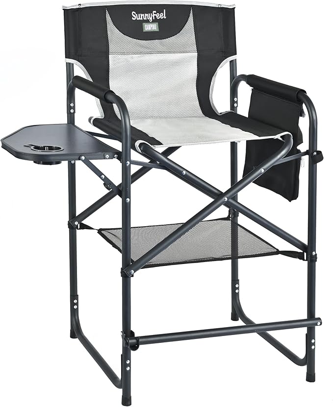 SUNNYFEEL Tall Camping Directors Chair, Portable Folding Artist Makeup Chair with Side Table, Pocket, Footrest, Heavy Duty for Beach,Trip,Picnic,Concert Outdoor Foldable Camp Lawn Chairs SunnyFeelCamping