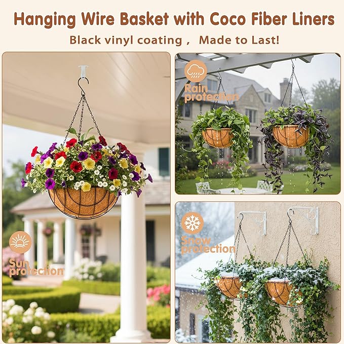 14 inch Metal Hanging Baskets For Plants Outdoor 4 Pack Round Metal Wire Hanging Basket Planter with Coco Fiber Liners Plant Holder for Garden, Patio, Deck, Porch Plants Flower Potss Outdoor(Grid) JFFLYIT