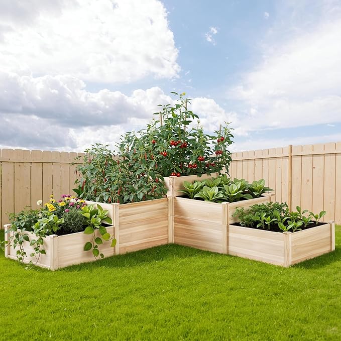 AMERLIFE 3-Tier Raised Garden Bed, 28 Inch Depth Fir Wood Planter Box for Outdoor Gardening with Dividers, Tool-Free Assembly, Garden Box, Ideal for Vegetables, Herbs, Flowers AMERLIFE