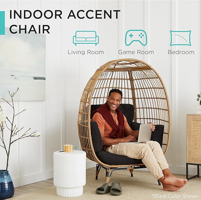 Best Choice Products Wicker Egg Chair, Oversized Indoor Outdoor Lounger for Patio, Backyard, Living Room w/ 4 Cushions, Steel Frame, 440lb Capacity - Ivory BestChoiceProducts