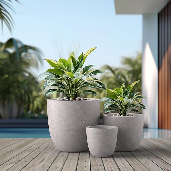 Kante 18",14",10" Dia Concrete Round Planters (Set of 3), Outdoor Indoor Large Planter Pots with Drainage Hole and Rubber Plug for Home Patio Garden, Light Gray Kante