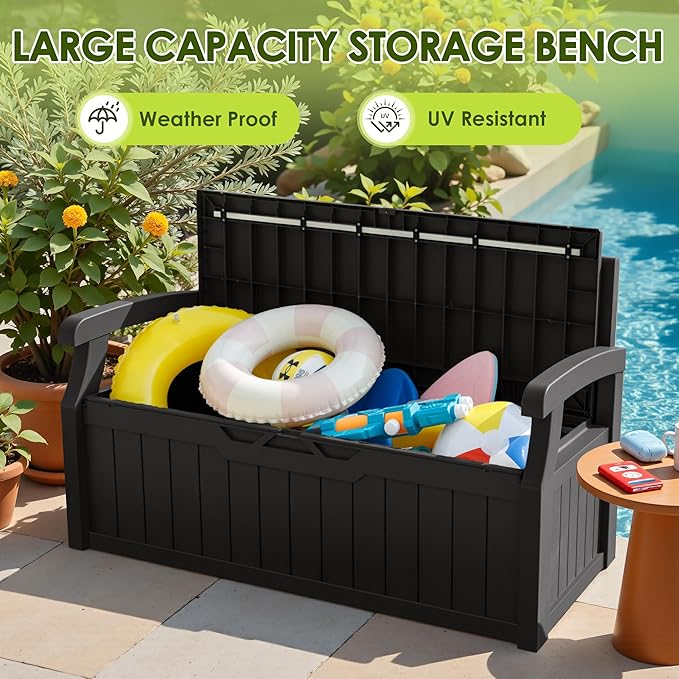 Greesum 80 Gallon Outdoor Storage Bench, Weather-Resistant Deck Box, Patio Furniture Bench for Backyard, Garden, Porch, Large Capacity Seat for Pillows Cushions Patio Accessories, Dark Black BuynowfromGreesum