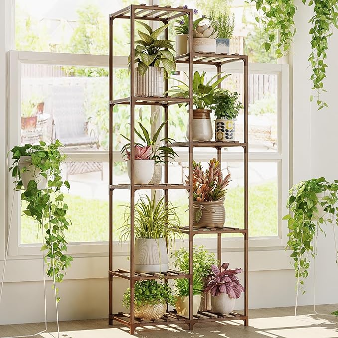 Bamworld Plant Stand Indoor Tall Plant Shelf Outdoor Corner Plants Table Wood Flower Stand for Living Room Balcony and Garden (9 pots) Bamworld