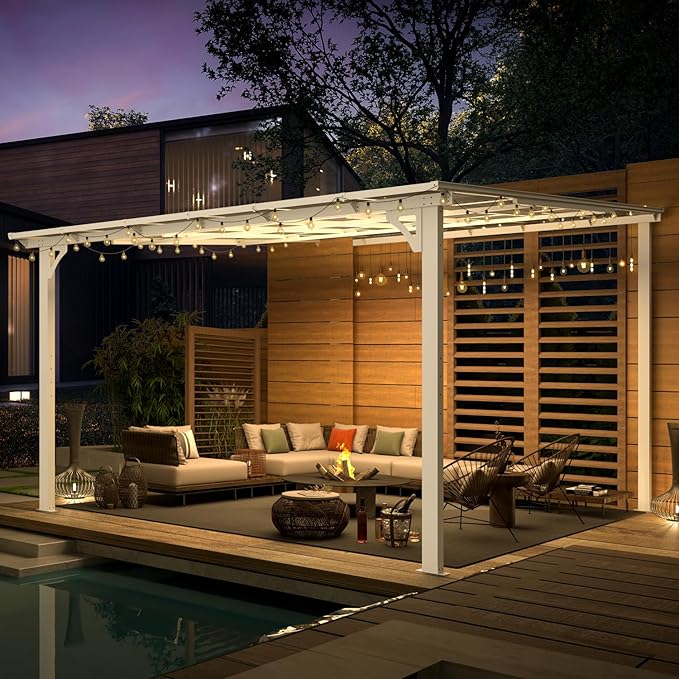 AECOJOY 12' x 12' White Gazebo Outdoor Pergola for Patio, Large Wall-Mounted Hard Top Lean to Metal Gazebo Shelter Pergolas and Gazebos Clearance with Patio Roof, Heavy Duty Awnings for Patio AECOJOY