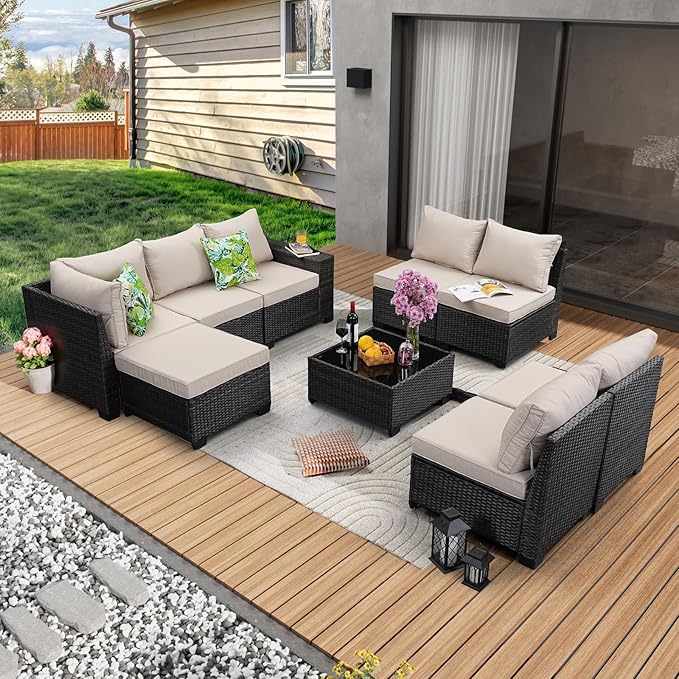 9 Pieces Patio Furniture Set All-Weather Outdoor Wicker Sectional Conversation Sofa Rattan Patio Seating Sofa with Cushion and Glass Table and Ottoman for Porch Poolside,Beige JOYURE