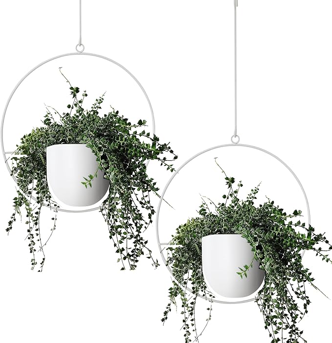 2 Pack Hanging Planters for Indoor Outdoor Plants Modern Metal Plant Hangers, Wall and Ceiling Hanging Plants Baskets Mid Century Minimalist Flower Pots Home Decor (White) ABETREE