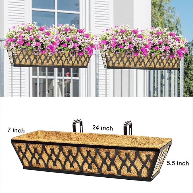 4 Pack 24 Inch Window Boxes Planters for Outdoor Plants Railing Planter Box with Adjustable Brackets for Windowsill Porch Fence Patio Hanging Flower Coco Baskets for Outside Decoration - Black KarlliuHOMEGARDEN