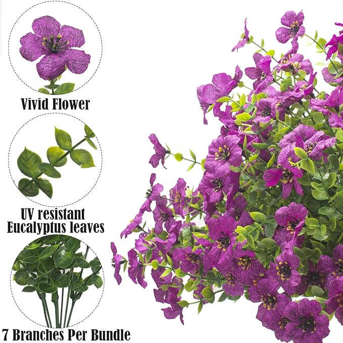 Artificial Fake Flowers for Outdoor Spring Decoration, 16 Bundles Faux Silk Colorful UV Resistant Realistic for Outside Porch Patio Home Yard Garden Planters Pots Window Box (Light Purple) Grunyia
