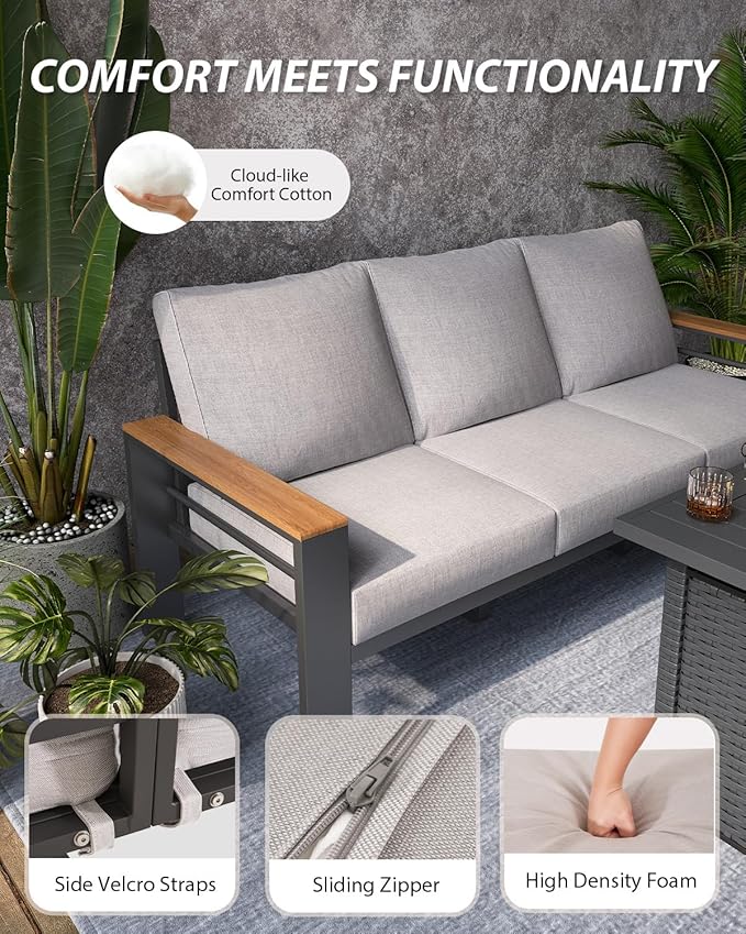 Aoxun Aluminum Outdoor Patio Furniture Set, 6-Piece Outdoor Sectional with 44'' Propane Gas Firepit Table, Patio Conversation Sets with Upgraded Armrests and Cushions for Backyard (Grey,5 Seats) Aoxun