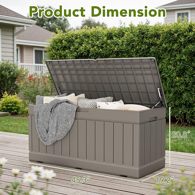 Devoko 78 Gallon Deck Box, Waterproof Resin Outdoor Storage Box for Outside and Patio, Outdoor Storage Bench Lockable for Patio Furniture, Garden Tools and Pool Supplies (Light Brown, 78 Gallon) DEVOKO