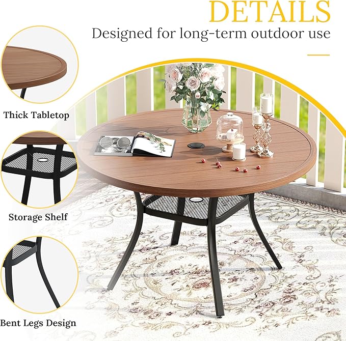 VICLLAX Round Patio Table with Adjustable Umbrella Hole, All Weather Outdoor Round Dining Table for Lawn Garden, 41.2"x 28" Walnut Wood-Like Outdoor Coffee Table HOME