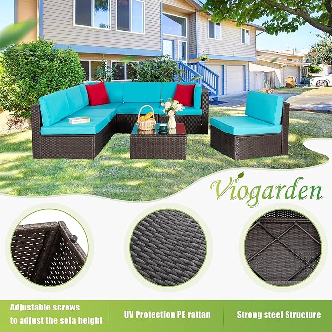 Vongrasig 7 Pieces Patio Furniture Sets, Outdoor All-Weather Wicker Patio Conversation Sets, L-Shaped Rattan Sectional Patio Sofa with Glass Table for Backyard, Blue Vongrasig