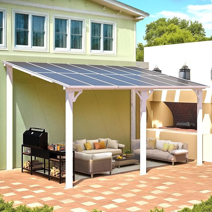 AECOJOY 14' x 8' White Gazebo Outdoor Pergola for Patio, Hard Top Lean to 8x14 Gazebo Shelter Pergolas and Gazebos Clearance with Patio Roof, Large Wall-Mounted Heavy Duty Awnings for Backyard AECOJOY