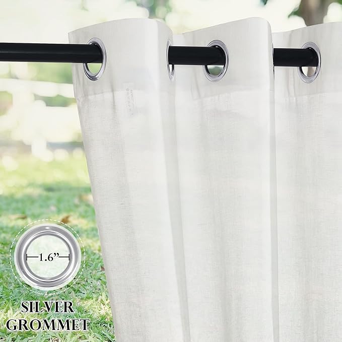 RYB HOME Sheer Curtains for Patio Outdoor, Linen Textured White Panel Grommet Top Waterproof Light Diffused Drapes for Porch Gazebo Deck, 2 Pieces with Tieback Ropes, W52 x L 96 inches RYBHOME