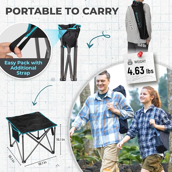 FUNDANGO Oversized Camping Stool for Adults, Thick Padded 18.1 Inch Folding Ottoman Foot Rest, 440 Lbs Heavy Duty Outdoor Camp Chairs with Anti-Slip Foots & Carry Bag for Fishing Lawn Travel (Black) FUNDANGO