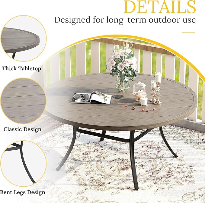 VICLLAX 60" Outdoor Round Patio Table for Lawn Garden, All Weather Metal Round Patio Dining Table with Adjustable Umbrella Hole, Outdoor Table for 8-10 Person, Grey Wood-Like Tabletop HOME