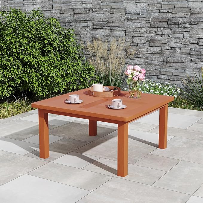 Tangkula Patio Coffee Table with Umbrella Hole, 35.5 Inches Outdoor Solid Square Wood Side Table with Slatted Tabletop & Teak Oil Finish, for Yard, Balcony, Deck TANGKULA