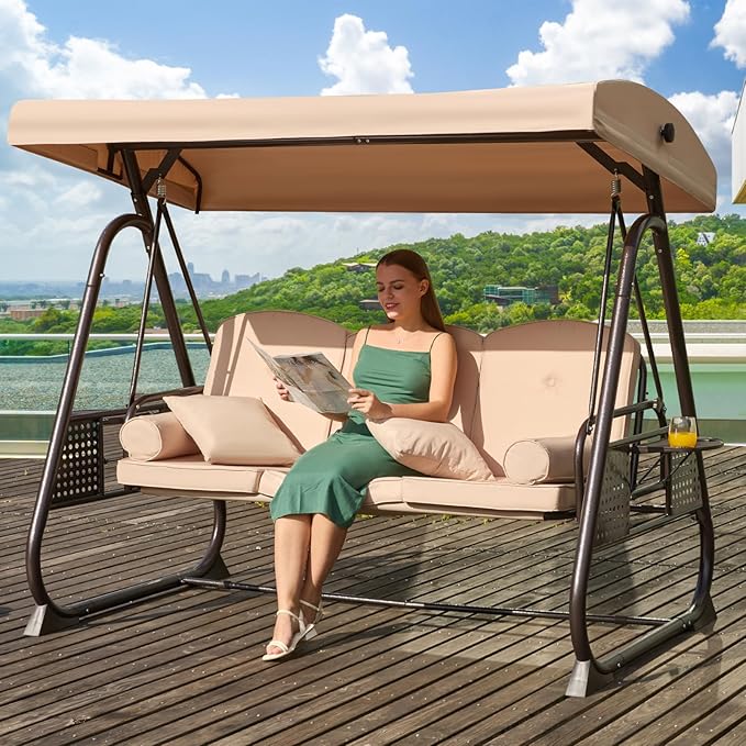3 in 1 Outdoor Porch Swing with Adjustable Canopy, 3 Seat Outdoor Swing for Adults, Patio Swing Chair with Thickened Cushions,Pillows & Cup Holders for Backyard, Porch, Garden (Khaki) YALISSEY