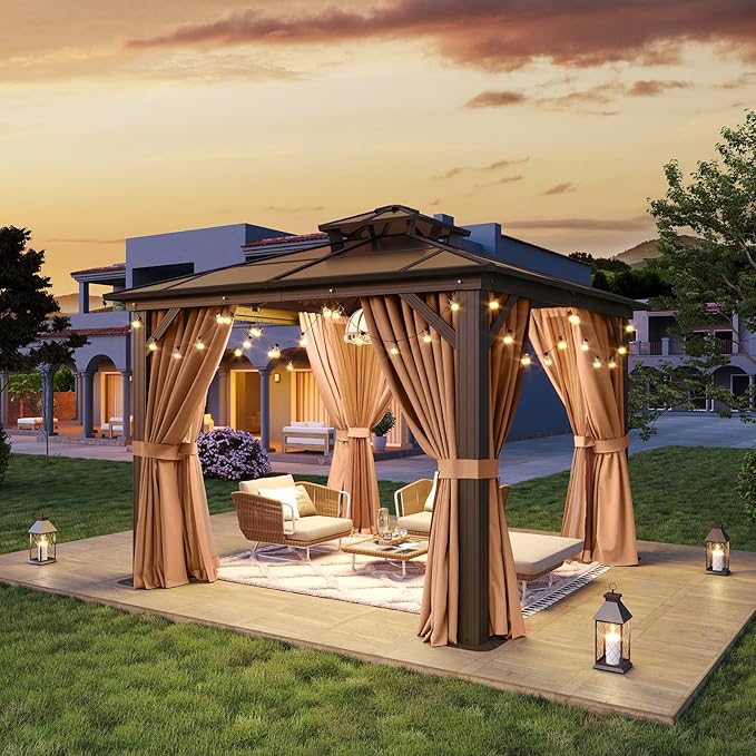 Aoxun 10'x10' Hardtop Gazebo, Outdoor Polycarbonate Double Top Canopy, Aluminum Frame Gazebo with Netting and Curtains, Sunshade for Patios, Gardens, Lawns Aoxun